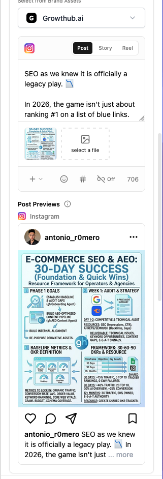 Growthub Post Composer Preview showing an AI-generated Instagram post