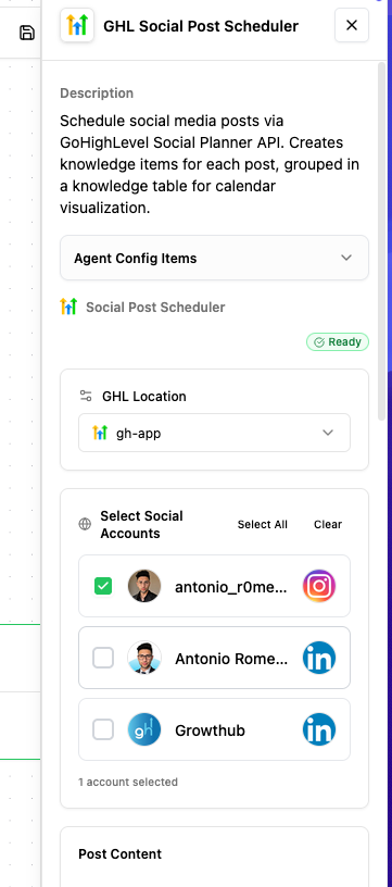 Agent configuration for GHL Social Post Scheduler showing account selection